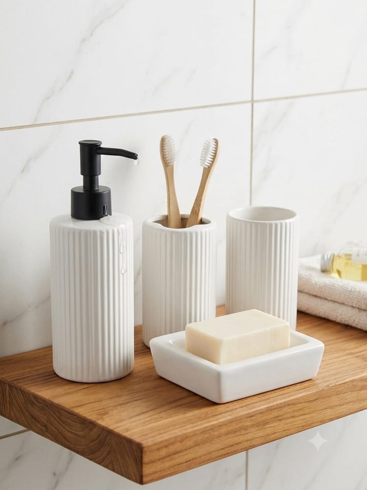 4-Piece Ribbed Bathroom Accessory Set (cream color)