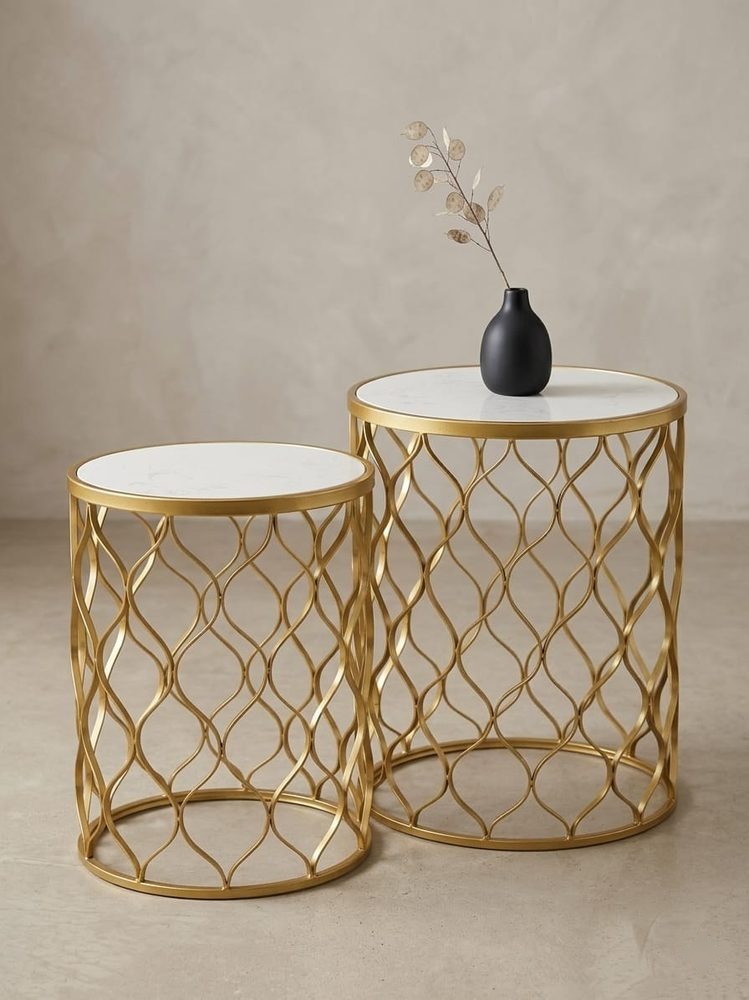 Cylindrical Nesting Side Tables (2pc gold metal lattice pattern with marble top)