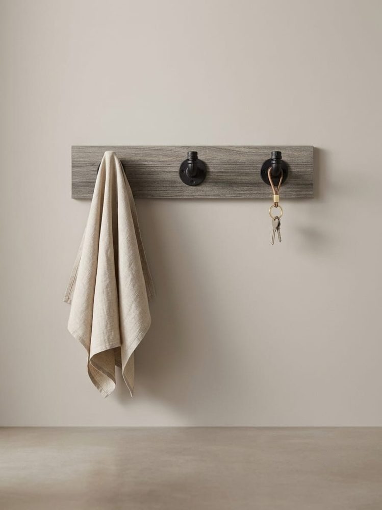 Wall-Mounted Hook Rail 18″ (oak brown with black hooks)